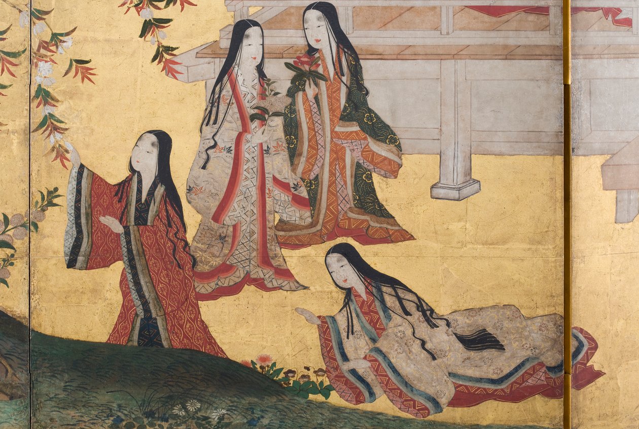 Yksityiskohta keväästä palatsissa, kuusinkertainen näyttö elokuvasta The Tale of Genji, n. 1650 (mustetta, värejä ja kultaa paperille) tekijältä Japanese School
