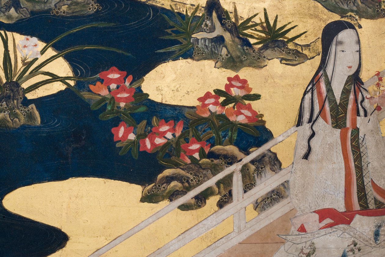 Yksityiskohta keväästä palatsissa, kuusinkertainen näyttö elokuvasta The Tale of Genji, n. 1650 (mustetta, värejä ja kultaa paperille) tekijältä Japanese School