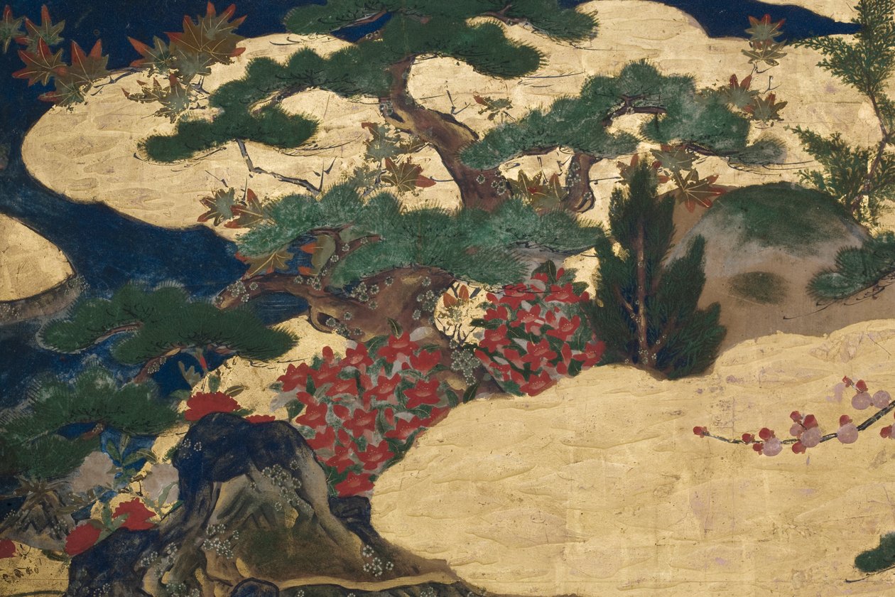 Yksityiskohta keväästä palatsissa, kuusinkertainen näyttö elokuvasta The Tale of Genji, n. 1650 (mustetta, värejä ja kultaa paperille) tekijältä Japanese School
