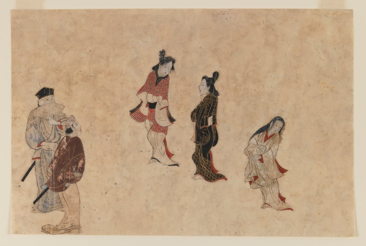 Varhainen Ukiyo-e-maalaus (muste, väri ja kulta paperille) tekijältä Japanese School