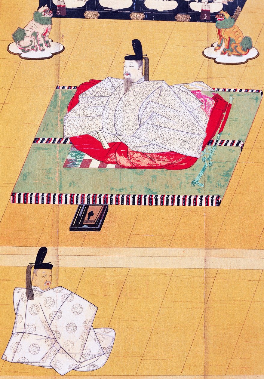 Keisari Go-Daigo ja ministeri Fujifusa, puupiirros, Kamakura-kausi (1185-1333), japanilainen sivilisaatio tekijältä Japanese School