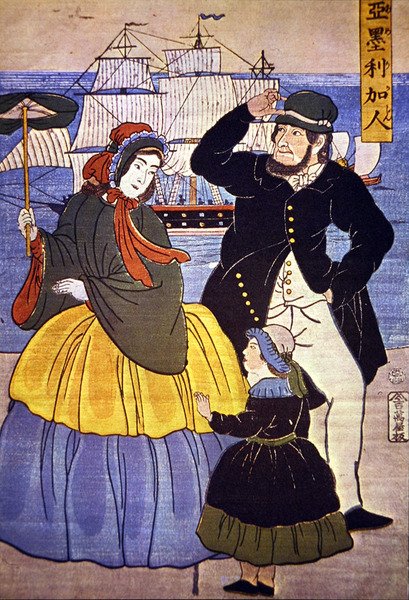 Japanilaisen taiteilijan vuonna 1861 maalaama eurooppalainen perhe Yokohaman sataman edustalla tekijältä Japanese School