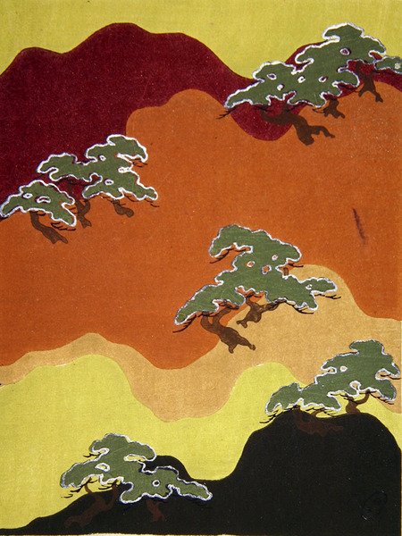 Kangassuunnittelu vuoren ja puiden kanssa, 1800-luvun loppu (akvarelli) tekijältä Japanese School