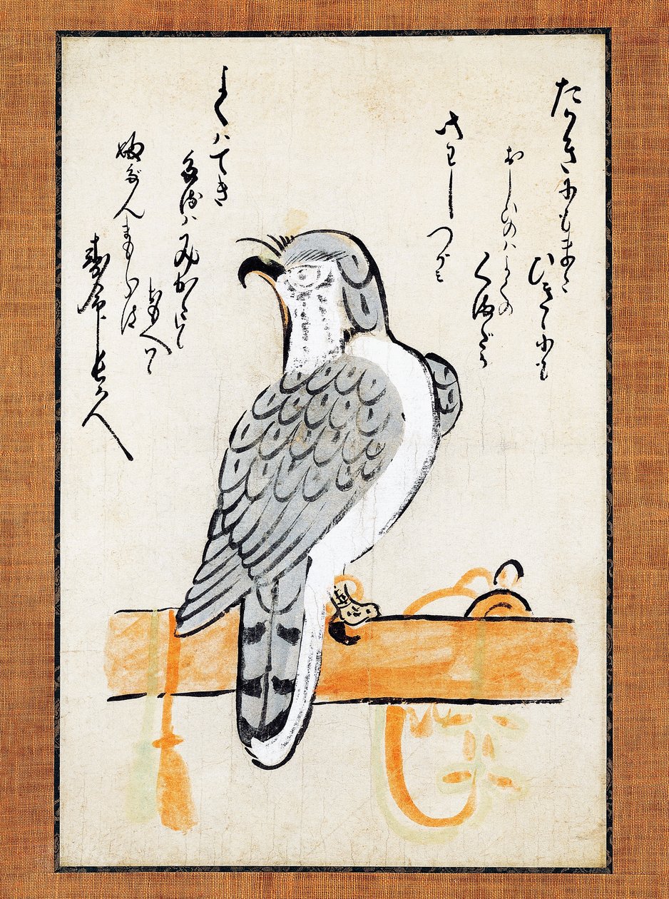 Haukka sidottuna ahvenelle, kuvitus pystyrullalla, 1800-luvun loppupuoli, tussi ja väri paperille, 43x2,5 cm, japanilainen sivilisaatio, Meiji-kausi tekijältä Japanese School