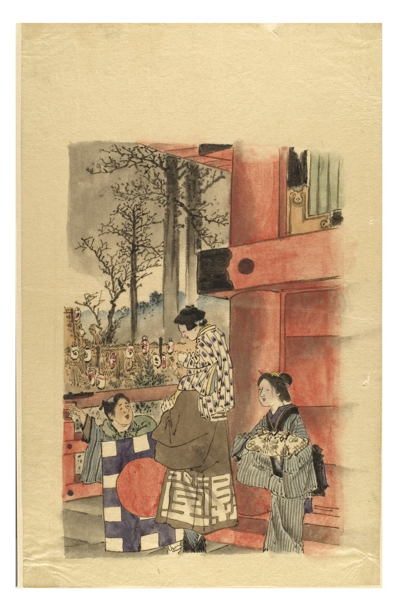 Perhe pyhäkössä Shichi-go-san-festivaalilla, noin 1895-1905 (tussi paperille). tekijältä Japanese School