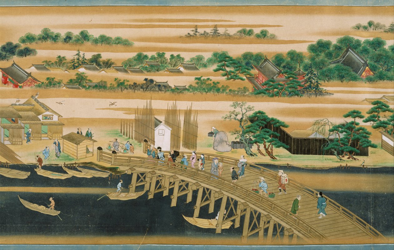 Sumida-joen kuuluisia kohteita - Nimetön - 1700-luvun toinen puoli. - Akvarelli ja muste paperille - 39,7x73,3 - Suntory Museum of Art tekijältä Japanese School