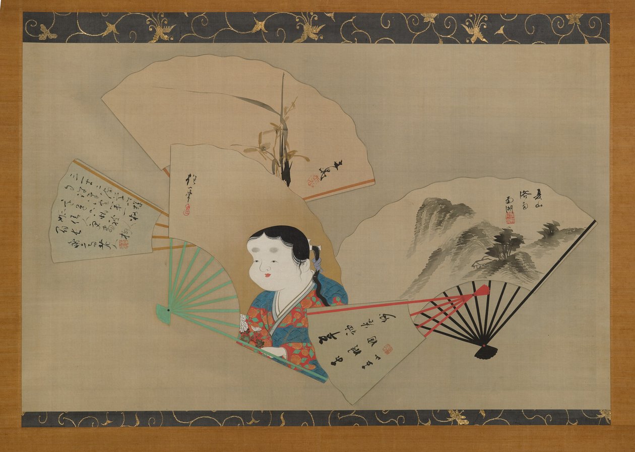 Viisi fania, kirjoittaneet Sakai Hoitsu (1761-1828), Tani Buncho (1763-1840), Haruki Nanko (1759-1839), Kameda Bosai (1752-1826) ja Kikuchi Gozan (1772-1855), noin 1820-luku (hangingroll) ), muste, gofun ja kulta silkillä) tekijältä Japanese School