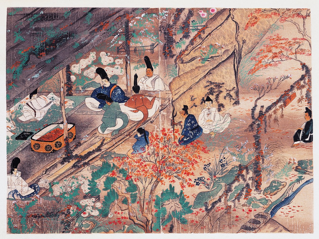 Heian valtiomies ja runoilija Sugawara Michizane (845-903), joka tunnetaan nimellä Tenjin-San (taivaallinen henki), maanpaossa Kitano Tenman-Gu -pyhäkössä Kiotossa jakamassa vaatteita, jotka oli lahjoittanut entinen keisari Fujiwara Nobuzane (1176-1268) Ka tekijältä Japanese School