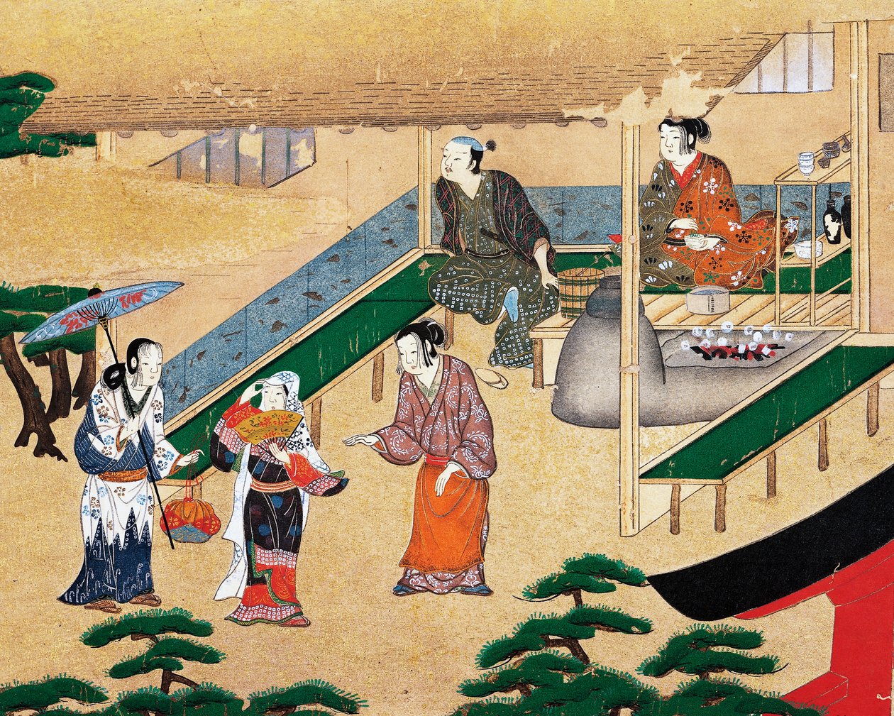 Talon sisällä Kioton laitamilla, ukiyo-e, silkkimaalaus, Tosan koulu, japanilainen sivilisaatio tekijältä Japanese School