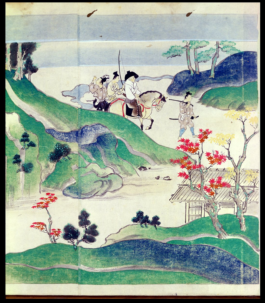 Ippen ratsastaa saattajansa kanssa, kuvitetusta historiasta munkki Ippenin (1239-89) elämästä (wc paperilla) tekijältä Japanese School