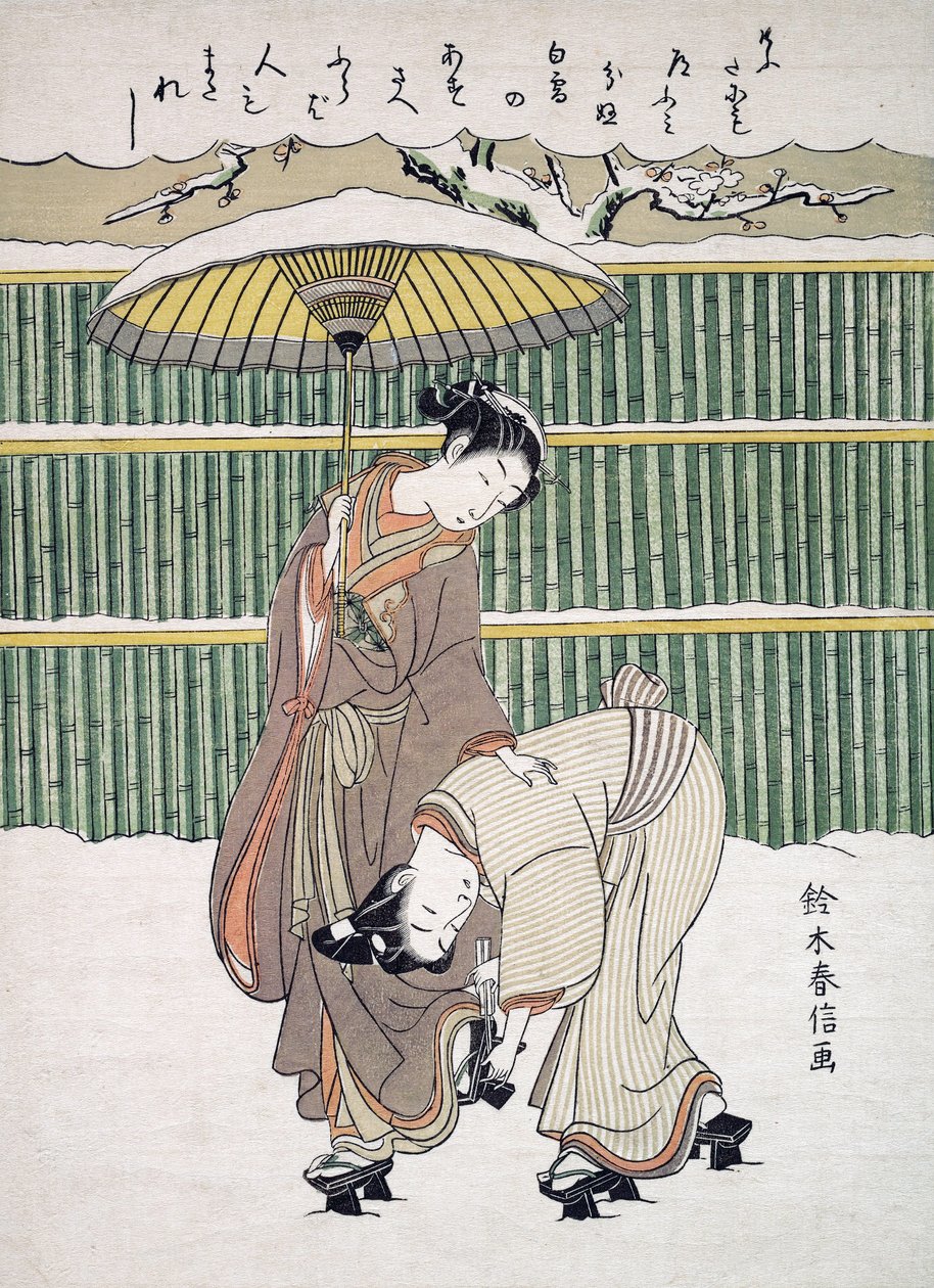 Japanilaiset rakastavat kävelevät lumessa, pubissa. C. 1768 tekijältä Japanese School