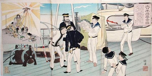 Japanilaiset merimiehet ihailemassa kotkamaskottiaan, jakso Kiinan ja Japanin sodasta, 1800-luvun lopulla (värillinen puupalikkaprintti) tekijältä Japanese School