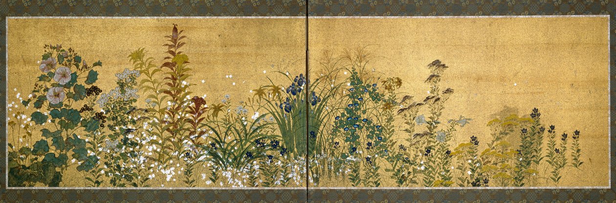 Japanilaista taidetta: kukilla koristellut näyttöpaneelit. Rimpan koulun tyyli (1596-1615). Maalaus silkille. Himmeä. 65x189 cm Yksityinen kokoelma tekijältä Japanese School