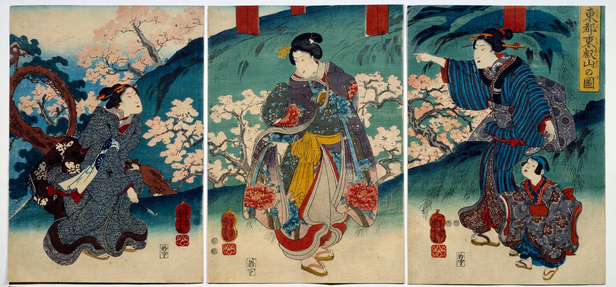 Japanilainen taide: naiset keväällä. 1800-luvun printin yksityinen kokoelma tekijältä Japanese School
