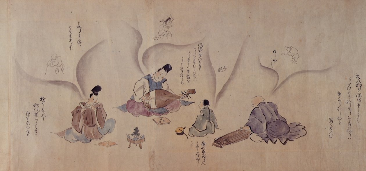 Japanilaiset muusikot, Sadanobu Matsudairan (1758-1829) Kokoro No Soshi, n. 1802 (kynä & muste ja akvarelli paperille) tekijältä Japanese School