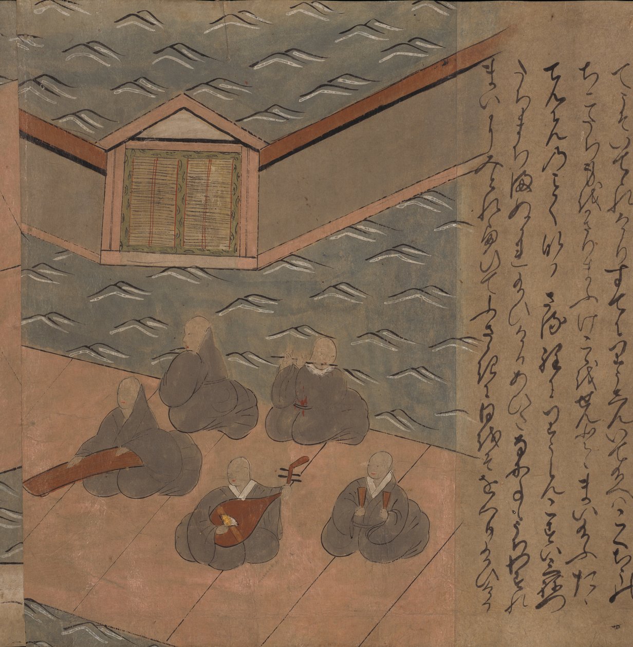 Japanilaiset muusikot, kuvitus "Taishokkanista" (muste ja väri paperille) tekijältä Japanese School