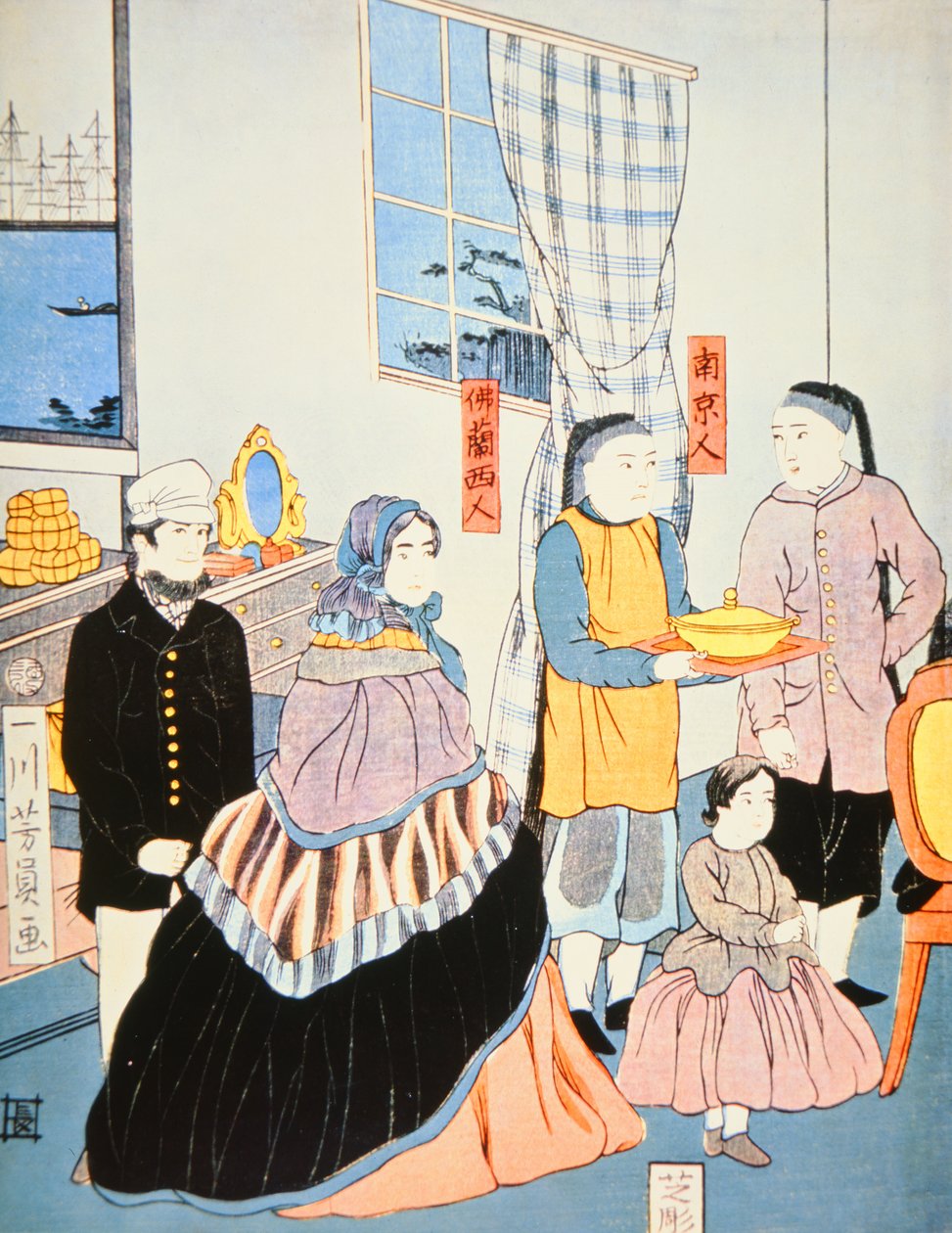 Japanilainen printti n. 1870, jossa näkyy eurooppalaisia vierailijoita Japaniin (värillinen puupalikkaprintti) tekijältä Japanese School