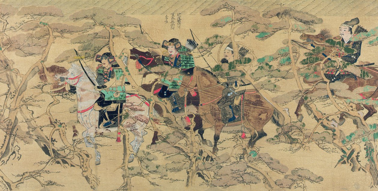 Japanilaiset sotilaat ratsastamassa mäntymetsässä mongolien hyökkäyksen aikana Japaniin vuonna 1274, kuva Kokka-lehdestä, toukokuu 1921 tekijältä Japanese School
