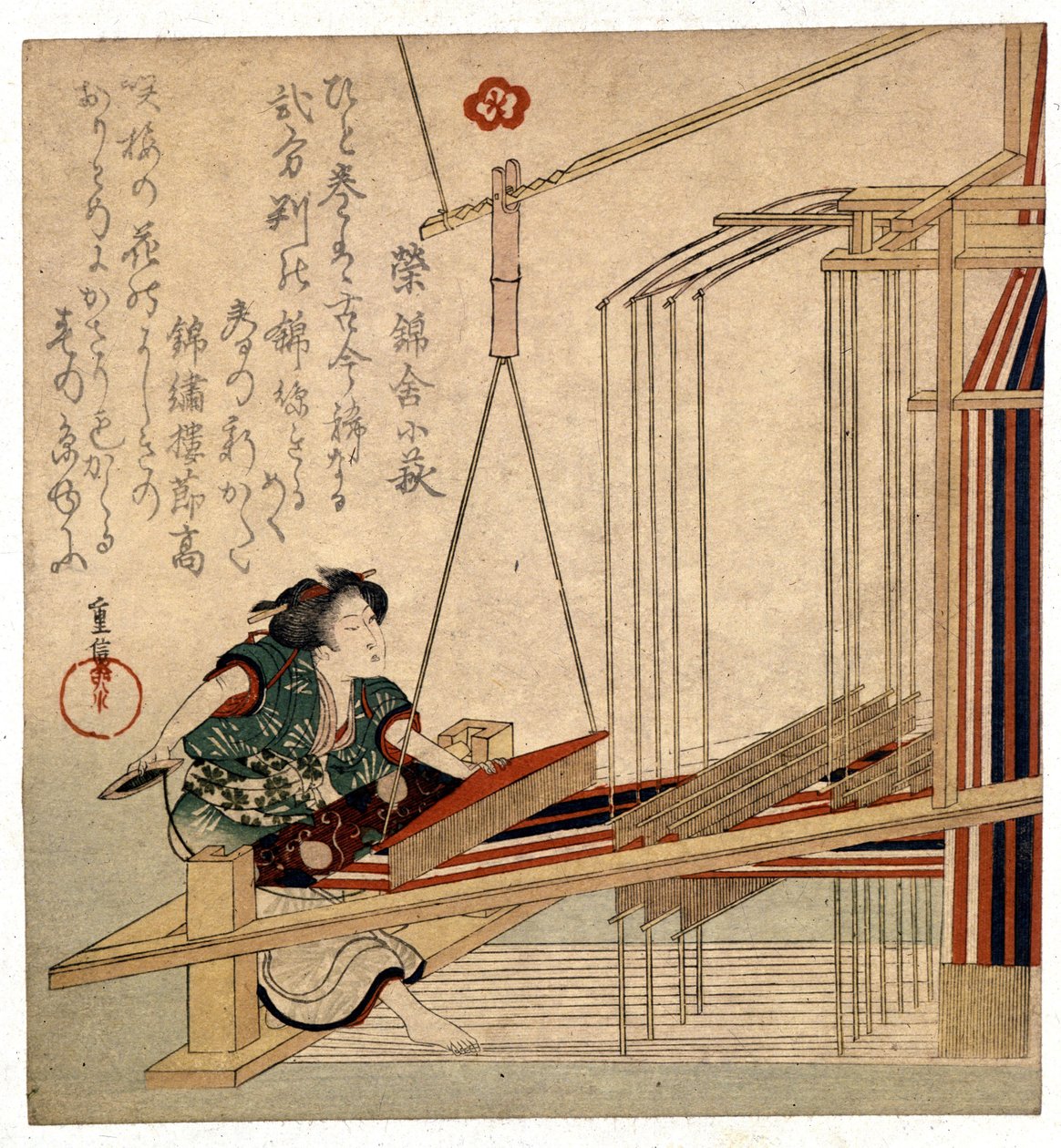 Japanilainen nainen kangaspuunsa kanssa, printti 1800-luvun lopulla. Geenit. Museo Chiossone tekijältä Japanese School