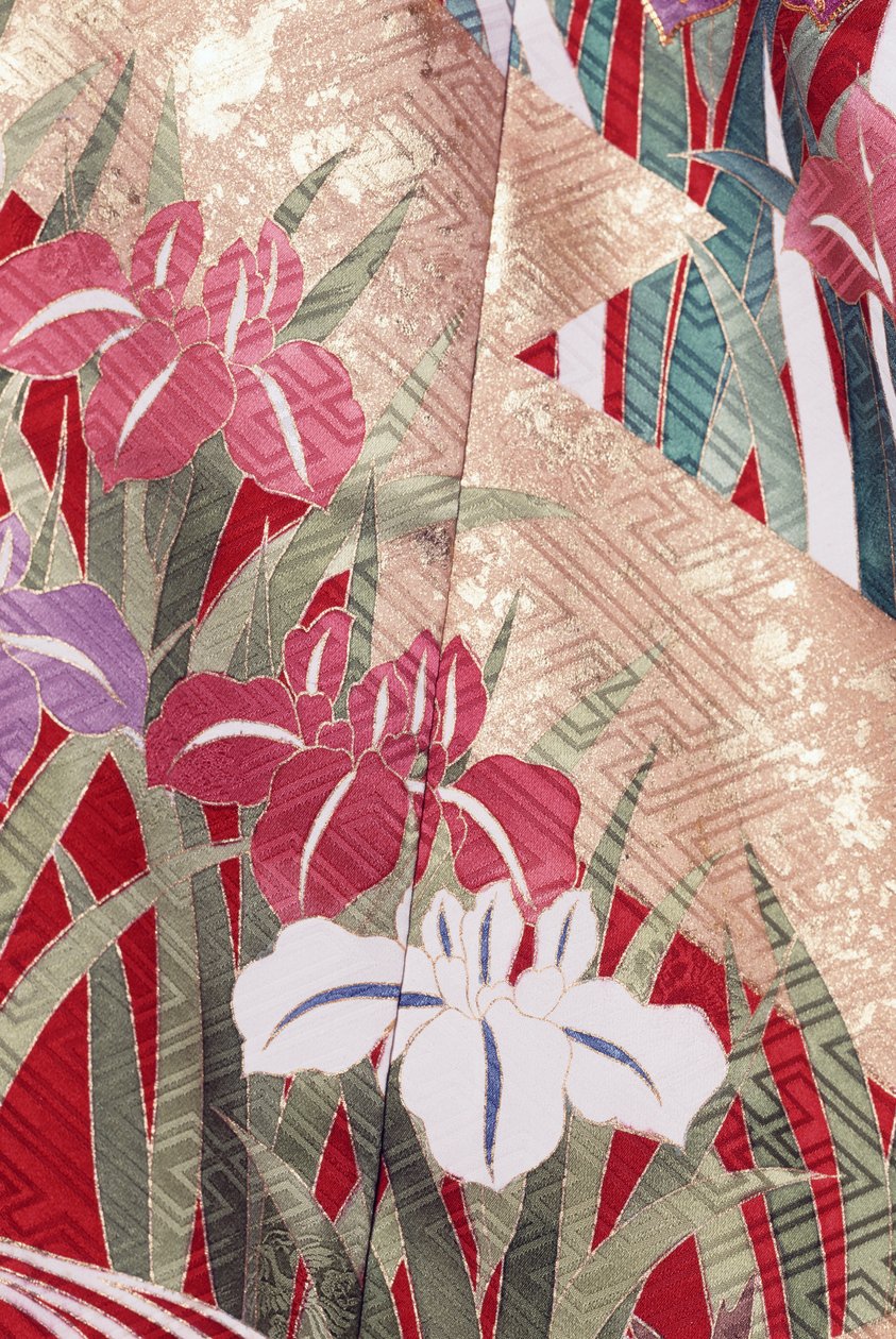 Kimono Furisode (keiluvat hihat), joita nuoret naimattomat naiset käyttävät tyylikkäissä tilaisuuksissa ja Maiko (opettajageisha), sileä silkki, Hinpaku-aiheet, iiris, yksityiskohdat, Kaga-Yuzen-värjäys, Tokamachin kutomakoneet, japanilainen sivilisaatio,  tekijältä Japanese School