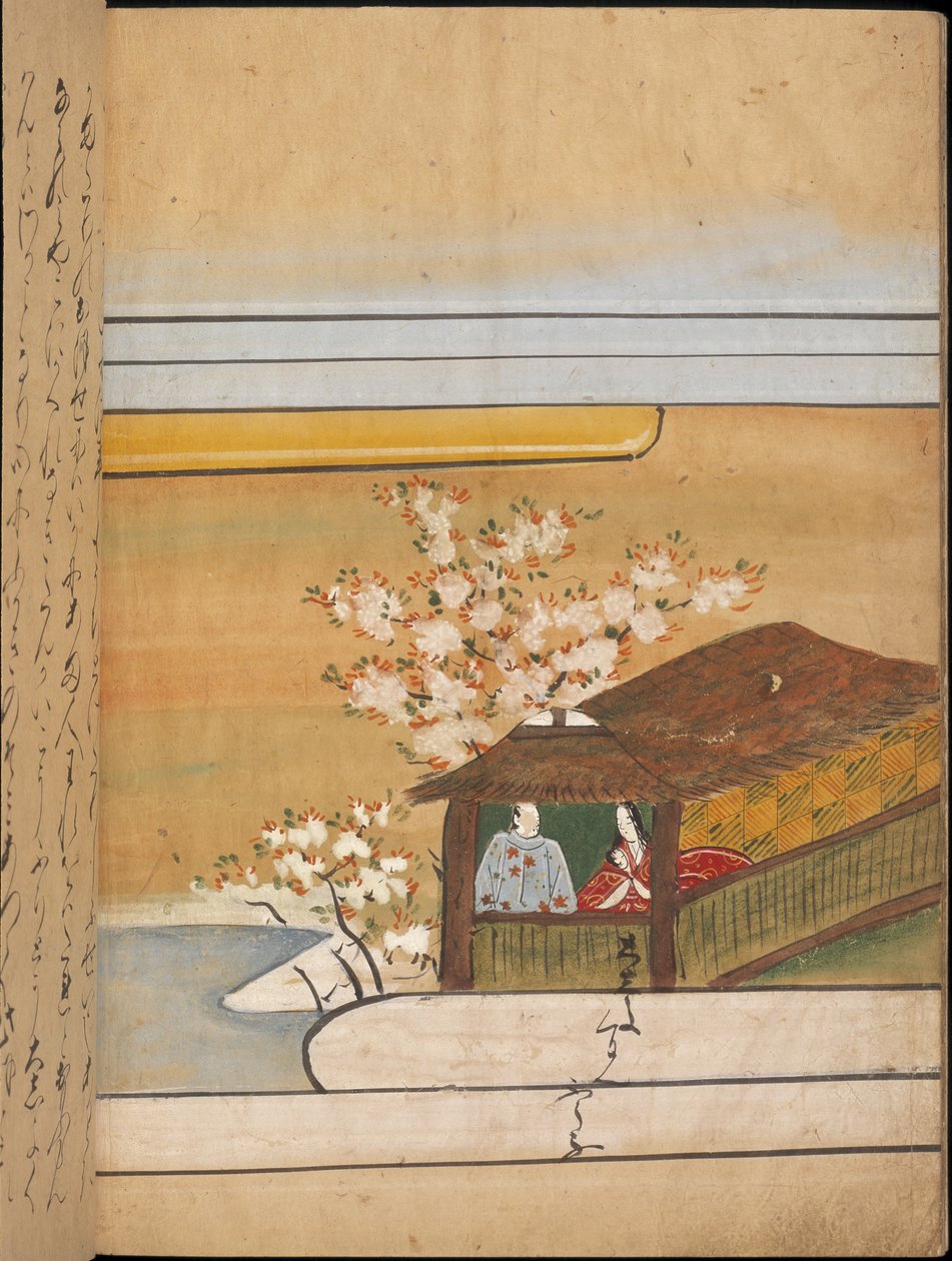 Mies ja nainen paviljongissa, kuvitus "Taishokkanista" (muste ja väri paperille) tekijältä Japanese School