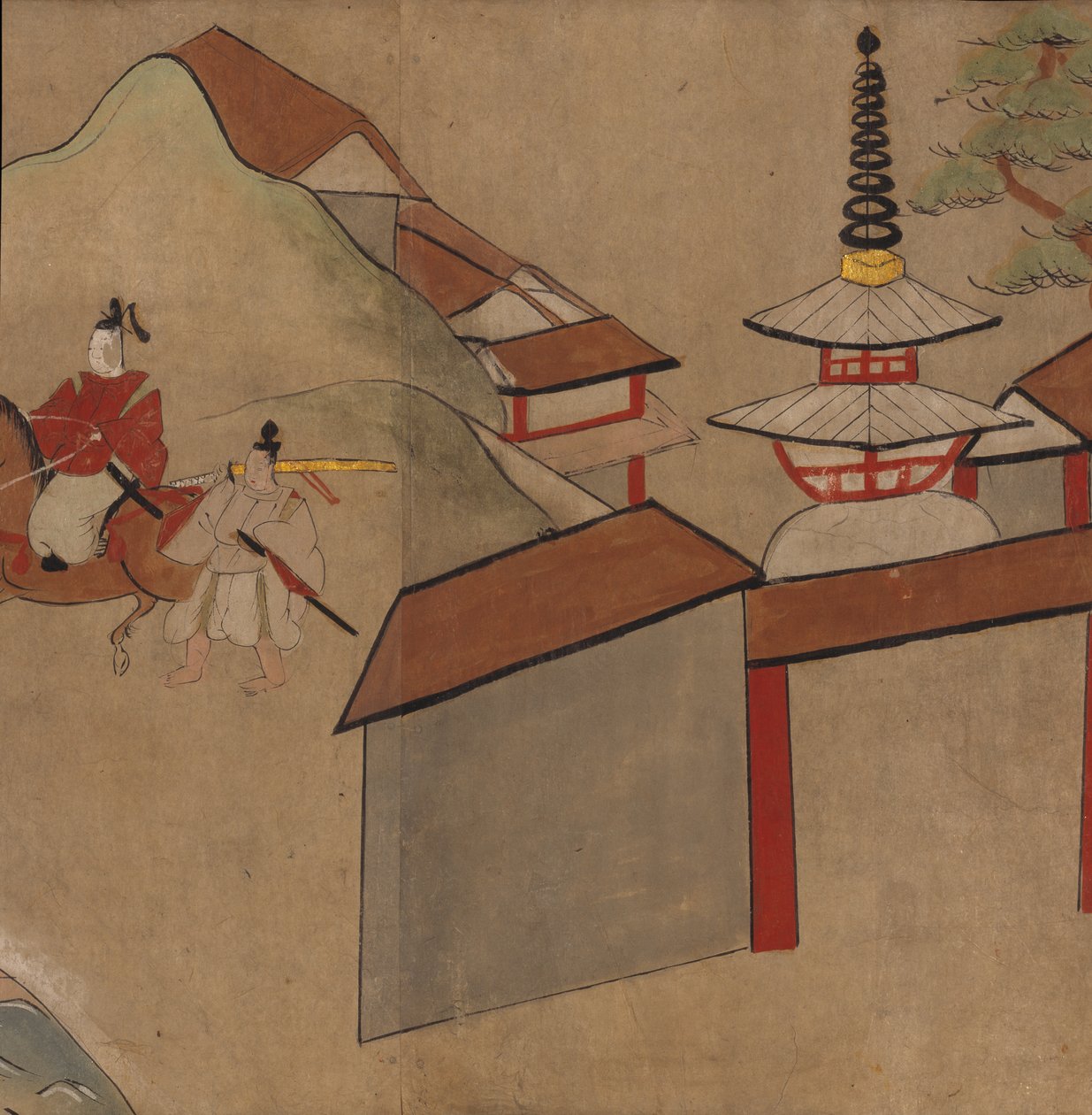 Mies ratsastaa lähellä pagodia, kuvitus "Taishokkanista" (muste ja väri paperille) tekijältä Japanese School