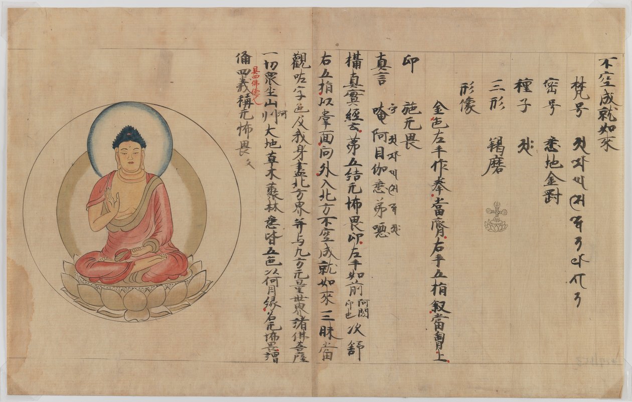 Buddhan käsikirjoitus ja kuva (muste ja väri paperille) tekijältä Japanese School