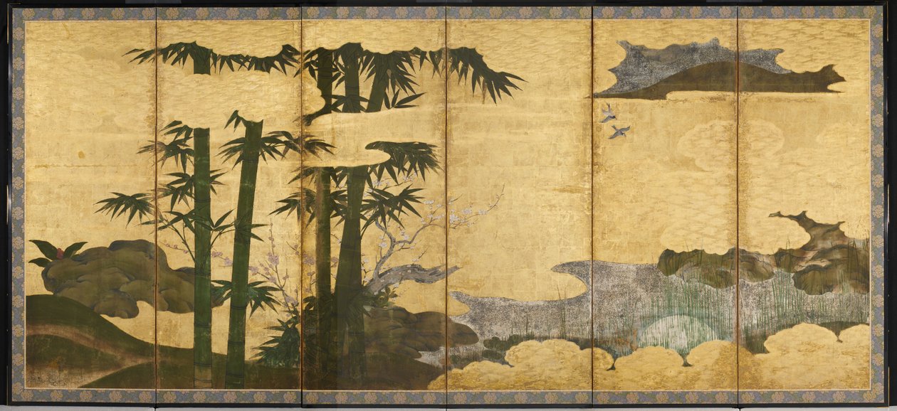 Moonlit Bamboo Grove, 1500-luvun alku (kuuden paneelin ruutupari; tussi, väri ja kulta).
paperille) tekijältä Japanese School