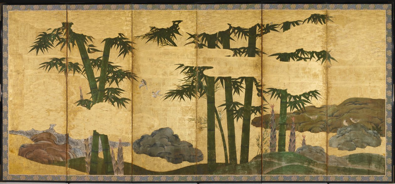 Moonlit Bamboo Grove, 1500-luvun alku (pari kuudesta paneelista; muste, väri ja kulta paperilla) tekijältä Japanese School