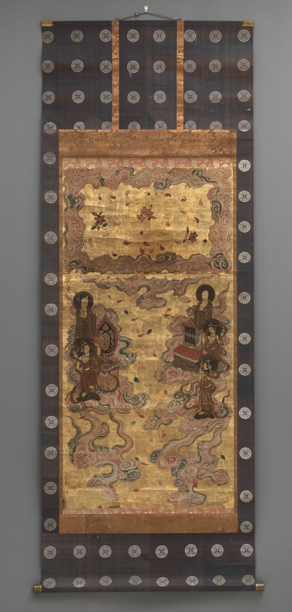 Seinämaalaus: Kahdenkymmenenviiden laskeutuminen bodhisattvat (Amitabha-triadin hoitajat), 1700-luvulla (riippuvat kääröt: muste, väri ja kulta lehti paperille, messinki) tekijältä Japanese School