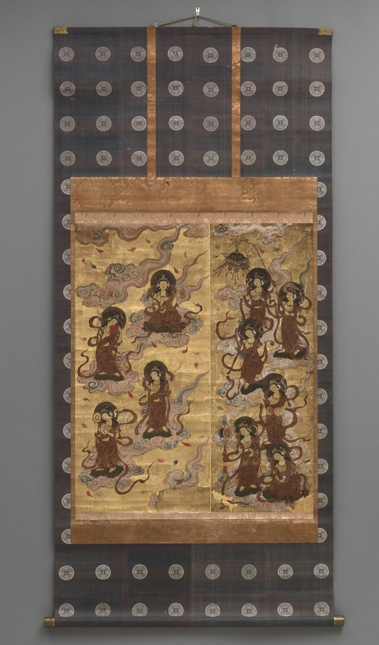Seinämaalaus: Kahdenkymmenenviiden laskeutuminen bodhisattvat (Amitabha-triadin hoitajat), 1700-luvulla (riippuvat kääröt: muste, väri ja kulta lehti paperille, messinki) tekijältä Japanese School