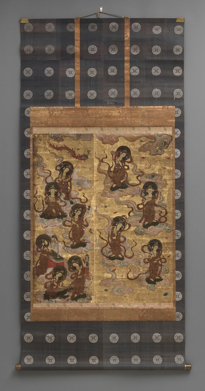 Seinämaalaus: Kahdenkymmenenviiden laskeutuminen bodhisattvat (Amitabha-triadin hoitajat), 1700-luvulla (riippuvat kääröt: muste, väri ja kulta lehti paperille, messinki) tekijältä Japanese School