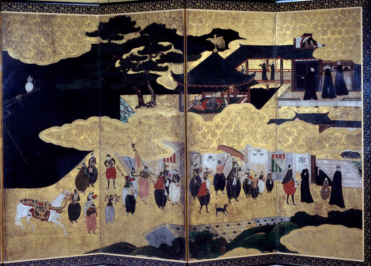 Namban Byobu -näyttö "Portugaliksi": esitys portugalilaisten jesuiittalähetyssaarnaajien saapumisesta Japaniin 1500-luvulla. Kanon koulun toteuttama. 17. vuosisata. Pariisi, Guimetin museo, Aasian taiteen kansallinen museo tekijältä Japanese School