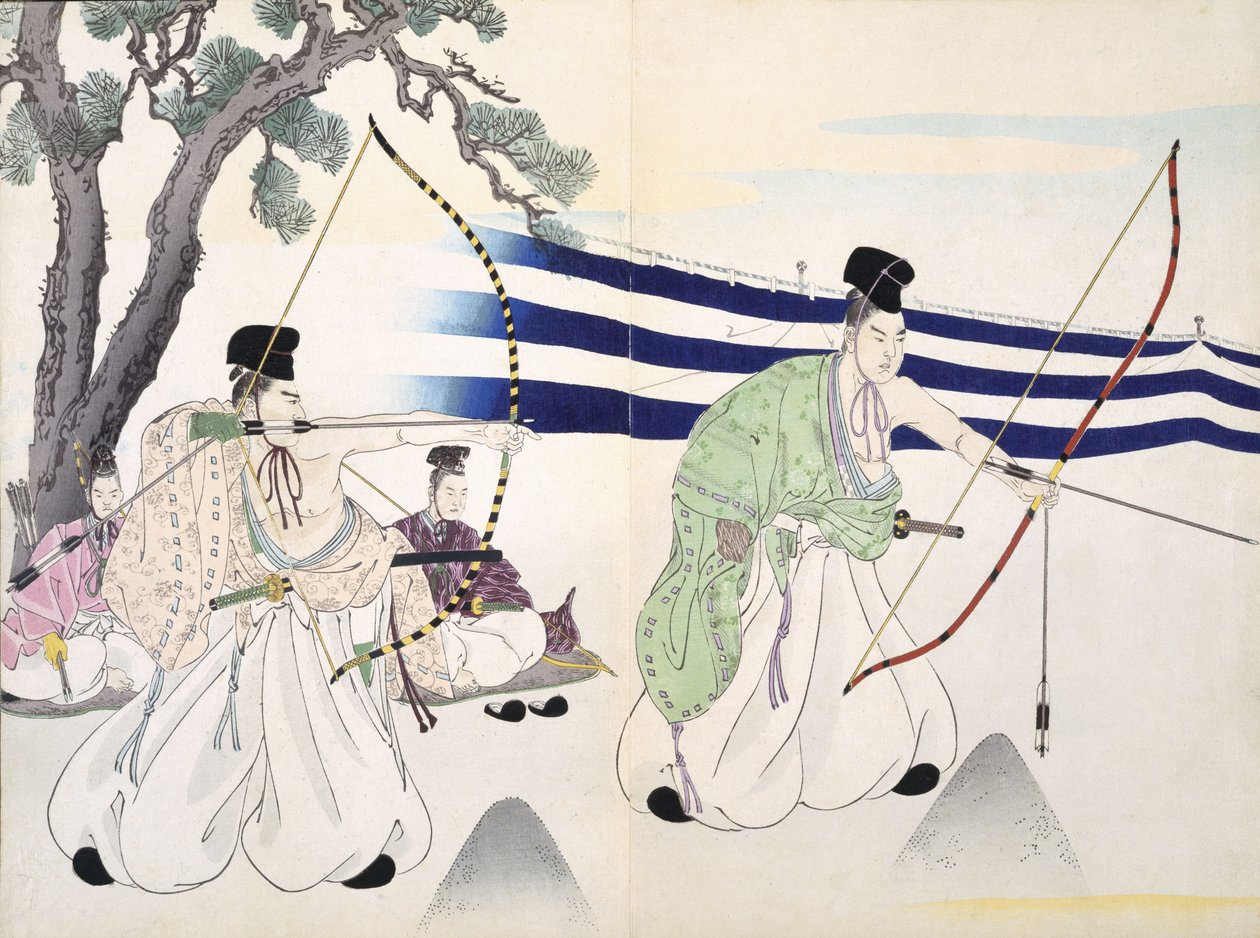 Aateliset harrastavat jousiammuntaa (katso lisätietoja 255314), 1800-luku, puupiirrosalbumista, värillinen puupainatus tekijältä Japanese School