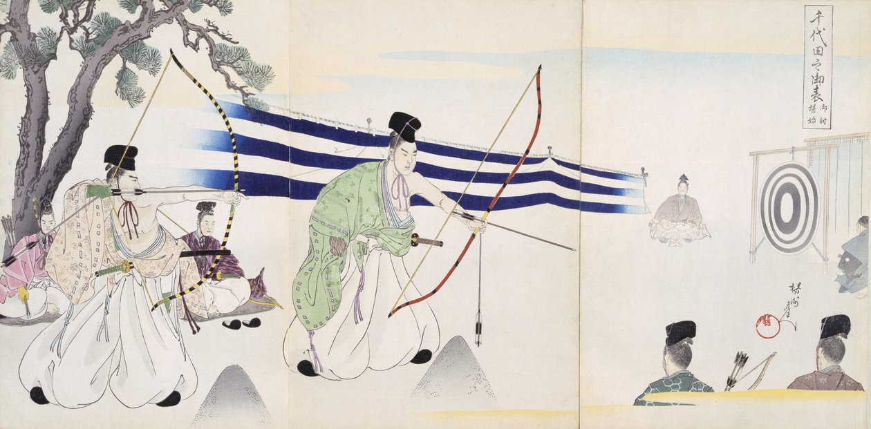 Aateliset, jotka harjoittavat jousiammuntaa, puupiirrosten albumista (värillinen puupainatus) tekijältä Japanese School