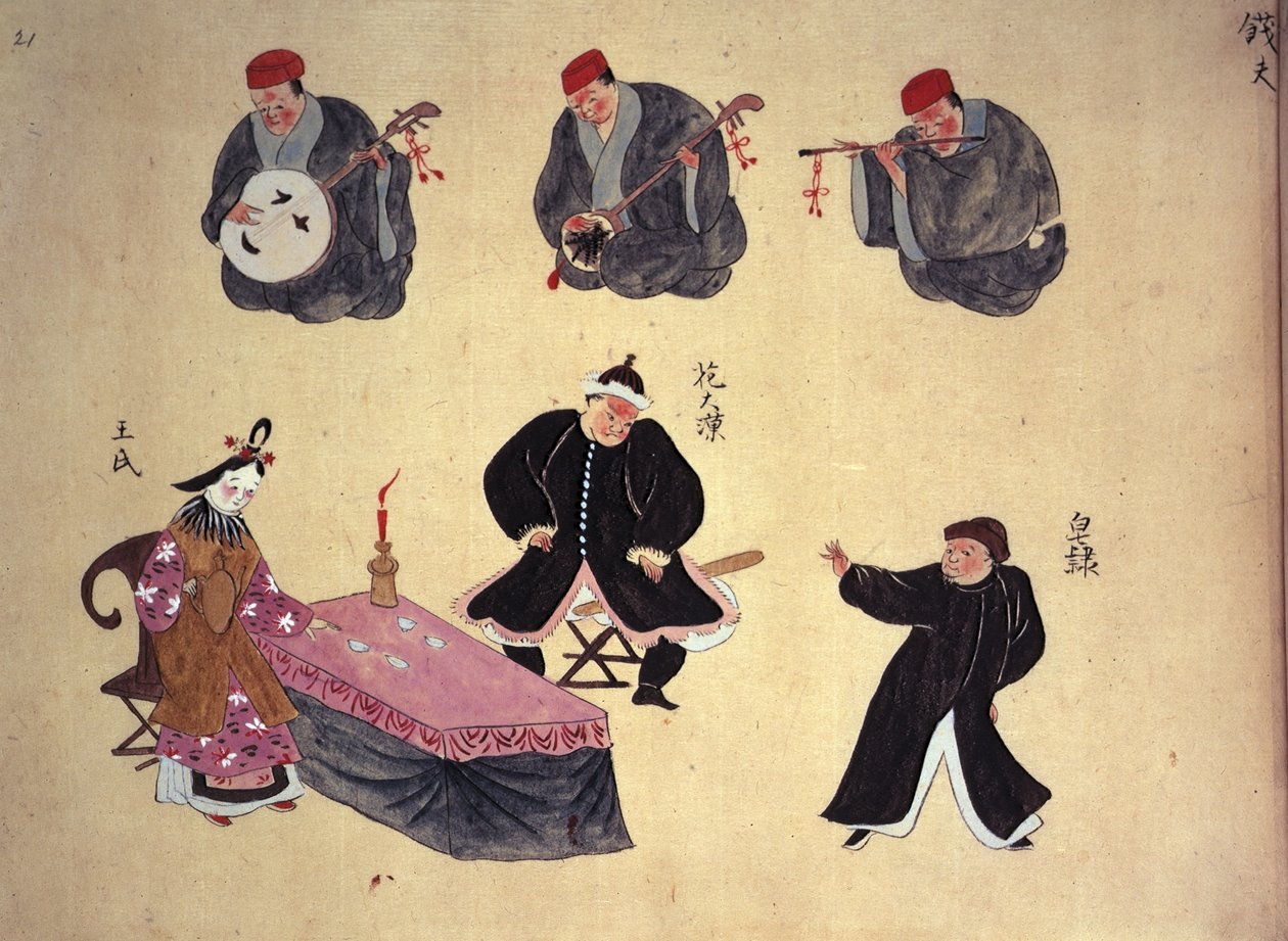 Or.961 fol.21 Muusikot ja esiintyjät, kokoelmasta "Musical Performances of Ryukyu", x.1800-50 (vellum) tekijältä Japanese School