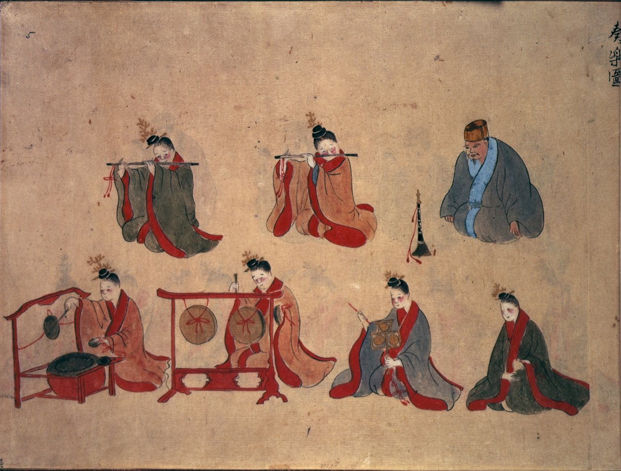 Or.961 fol.5 Seitsemän istuvaa muusikkoa, Ryukyun musiikkiesityksistä, n. 1800-1850 (kynä ja muste ja akvarelli paperille) tekijältä Japanese School