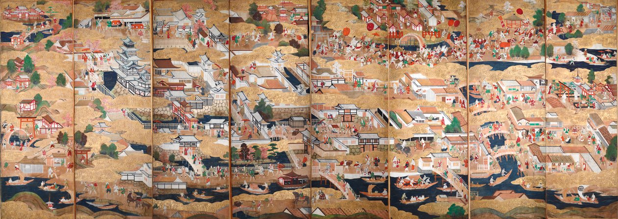 Osakazu Byobu - Japanilainen kahdeksanruutuinen taittuvanäyttö (maalaus) tekijältä Japanese School
