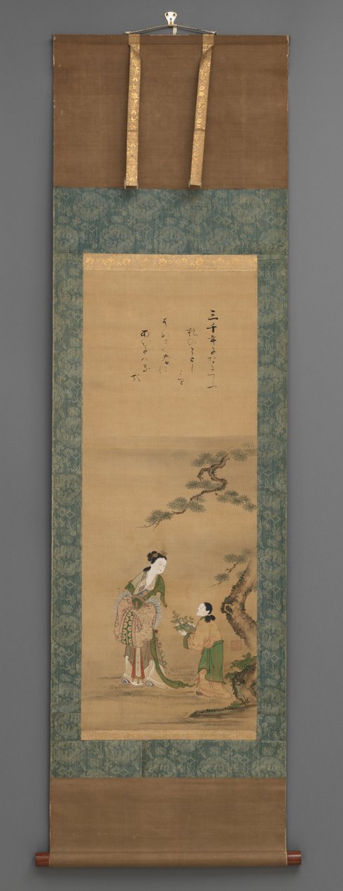 Persikkaäiti ja hoitaja Pine Treen luona, 1800-luvun alku (akvarelli puunuppeilla) tekijältä Japanese School