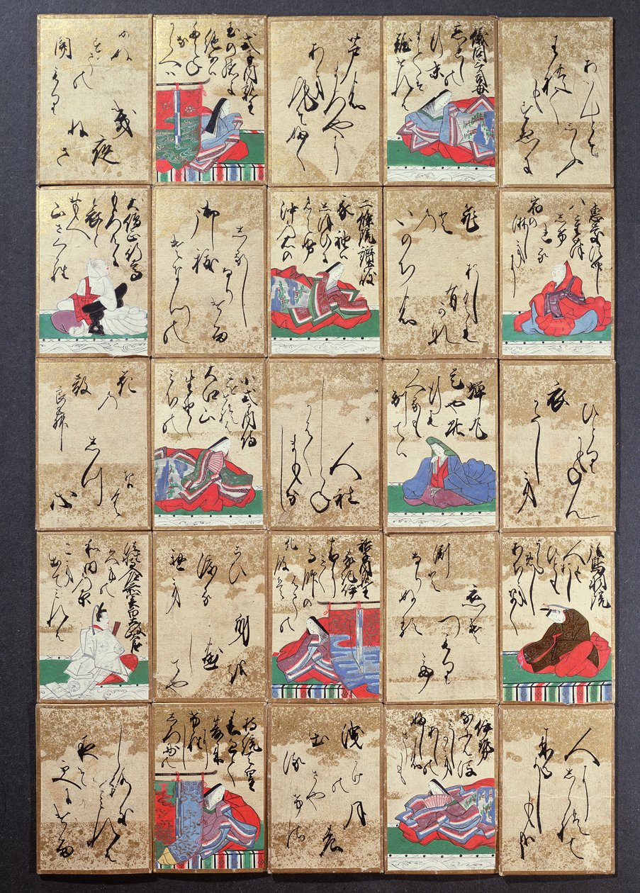 Pelikortit 100 runoilijalla ja runolla, myyty Exposition Universellessä Pariisissa vuonna 1867 (kynä ja muste paperille) tekijältä Japanese School