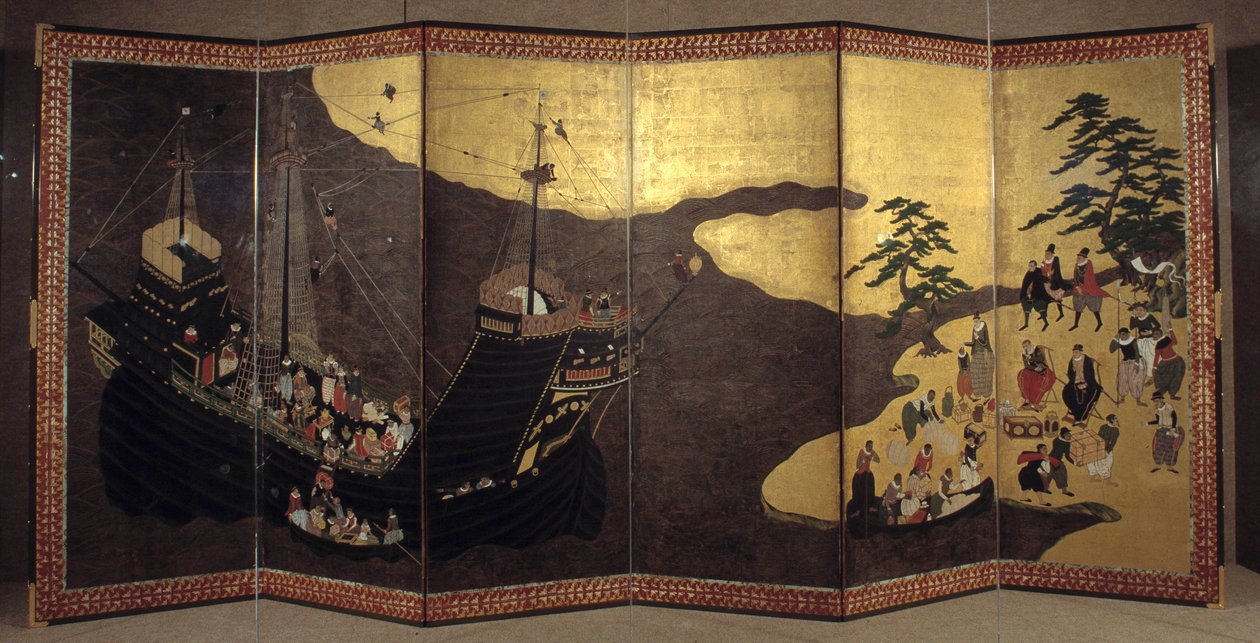"Portugalilainen" näyttö edustaa jesuiittaportugalilaisten lähetyssaarnaajien saapumista Japaniin 1500-luvulla. 1590-1614. Kanon koulu (?) Lissabon. Kansallinen muinaisen taiteen museo tekijältä Japanese School