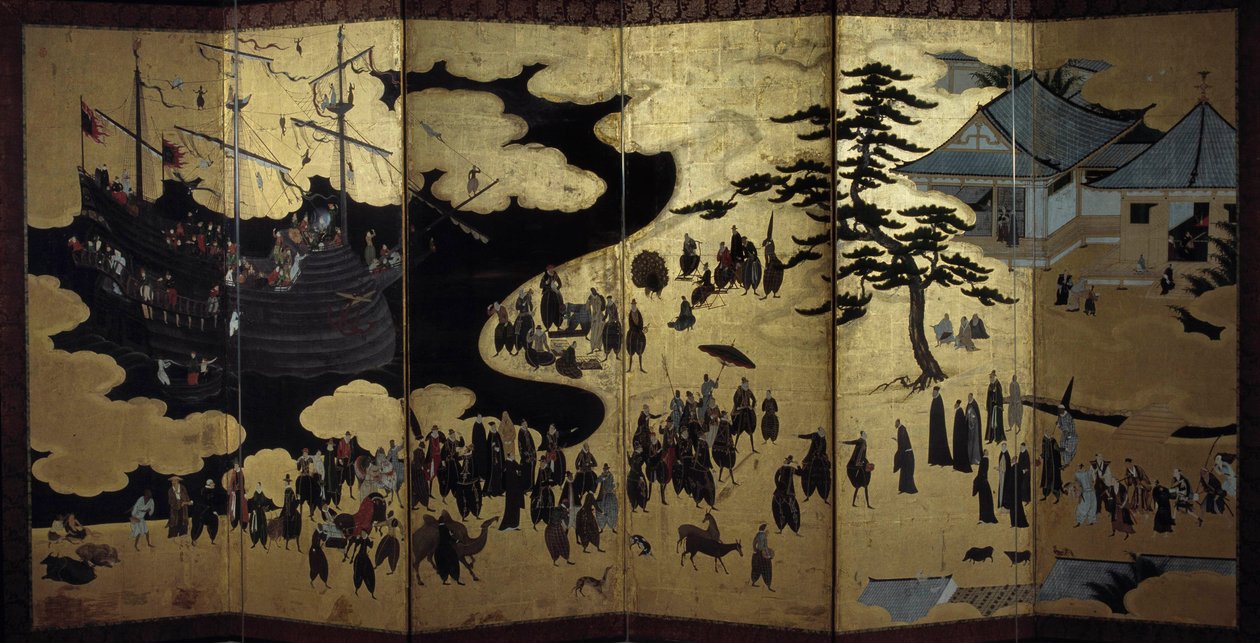 "Portugalilainen" näyttö edustaa portugalilaisten jesuiittalähetyssaarnaajien saapumista Japaniin 1500-luvulla. 1590-1614. Kanon koulu (?) Lissabon. Kansallinen muinaisen taiteen museo tekijältä Japanese School