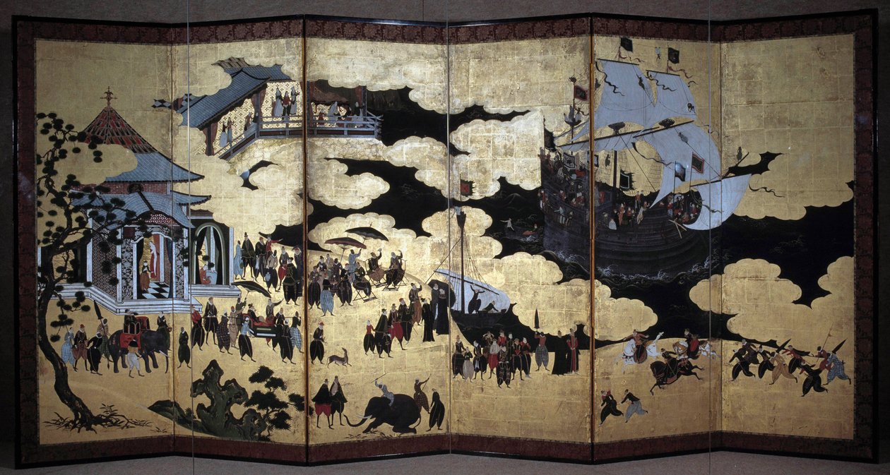 "Portugalilainen" näyttö edustaa portugalilaisten jesuiittalähetyssaarnaajien saapumista Japaniin 1500-luvulla. 1590-1614. Kanon koulu (?) Lissabon. Kansallinen muinaisen taiteen museo tekijältä Japanese School