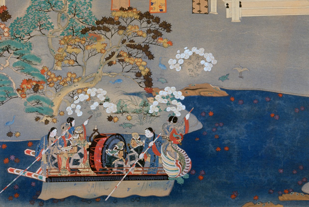 Soutuvene, kuva Eiga Monogatarista (Story of Splendor), kirjoittanut Akazome Emon (n. 956-1041). Japani tekijältä Japanese School
