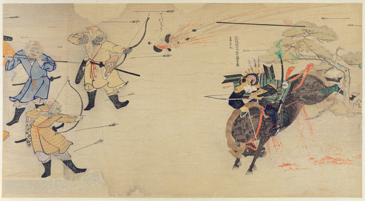 Samurai Takezaki syyttää mongolien hyökkääjiä, kun ammukset räjähtävät pään yläpuolella mongolien hyökkäyksen aikana Japaniin vuonna 1274, kuva Kokka-lehdestä, toukokuu 1921 tekijältä Japanese School