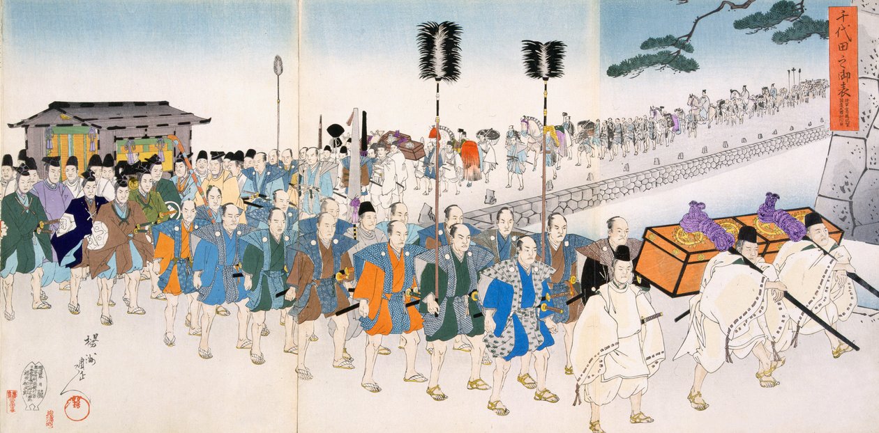Samurai Warriors on the March (värillinen puupalikkaprintti) tekijältä Japanese School