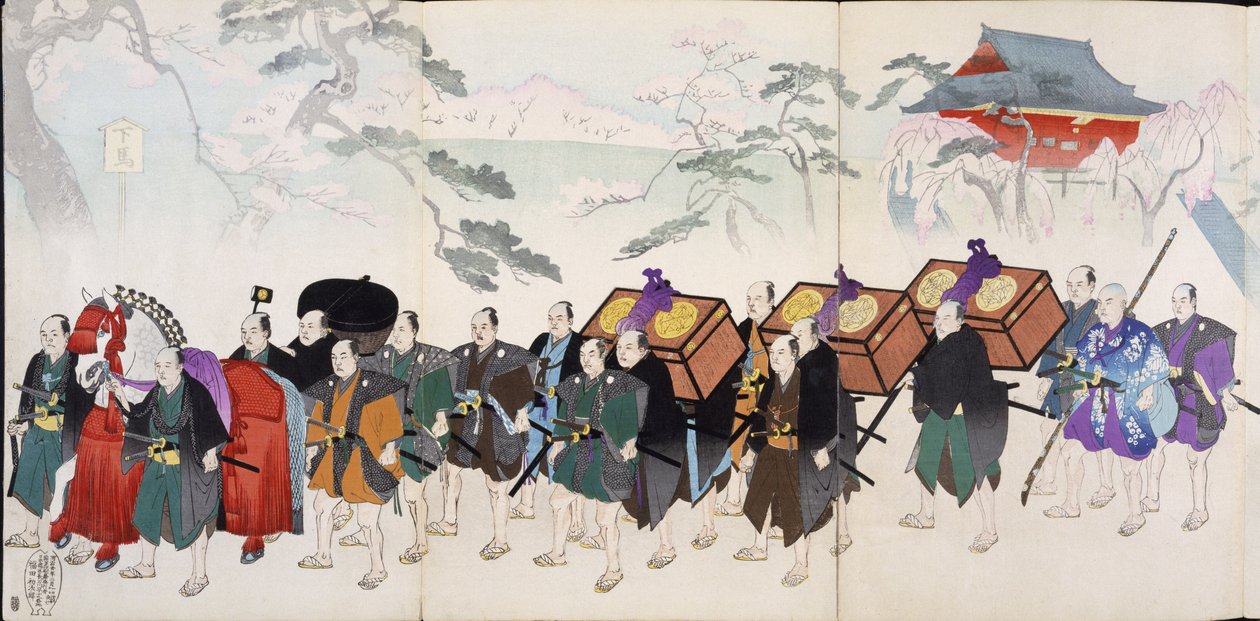 Samurai Warriors on the March, 1800-luvun puupiirrosalbumista, käsinvärinen puulohkoprintti tekijältä Japanese School