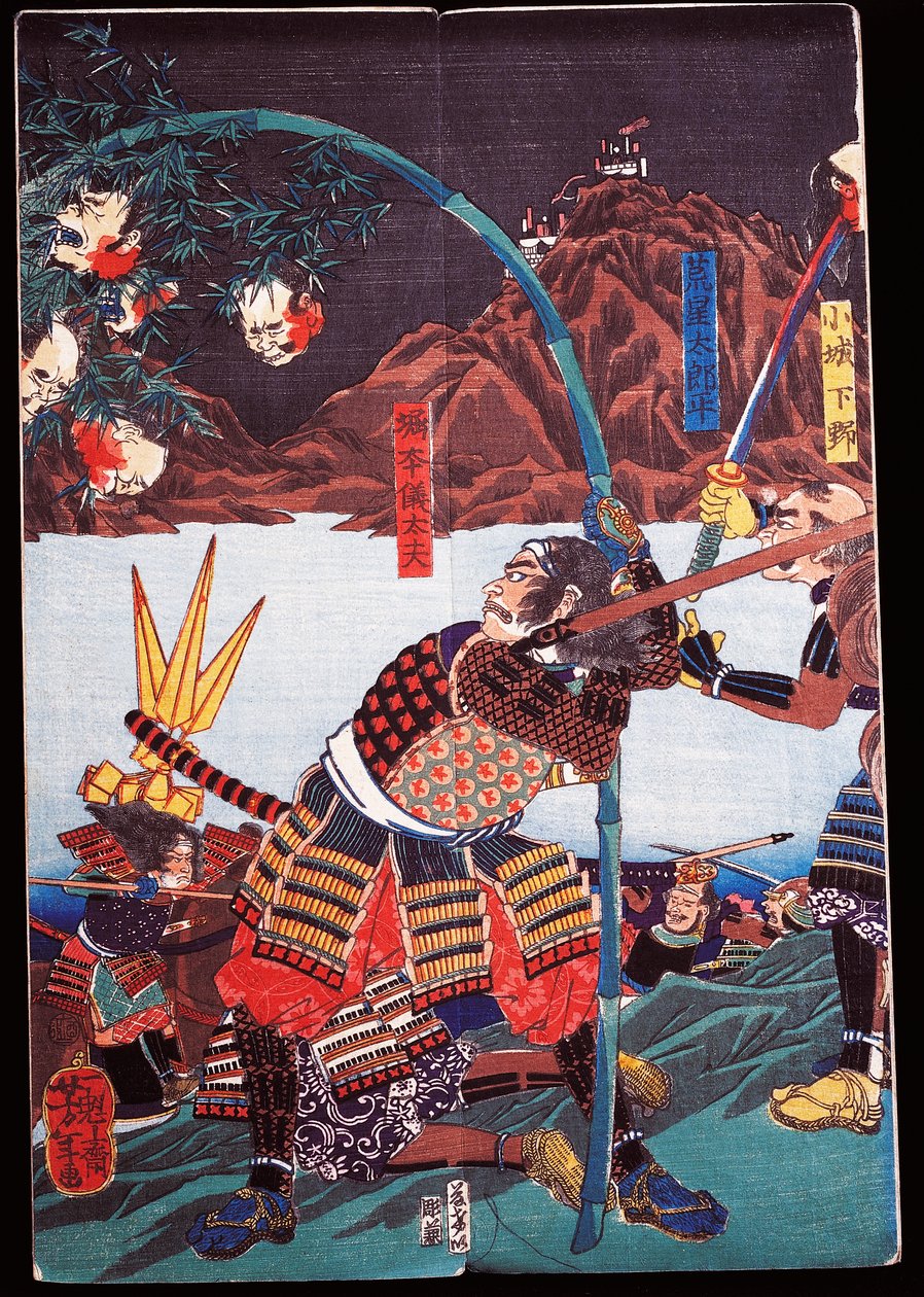 Samurait esittelevät vihollistensa leikattuja päitä bambukepeissä, sewamono (kotimainen leikki) tekijältä Japanese School