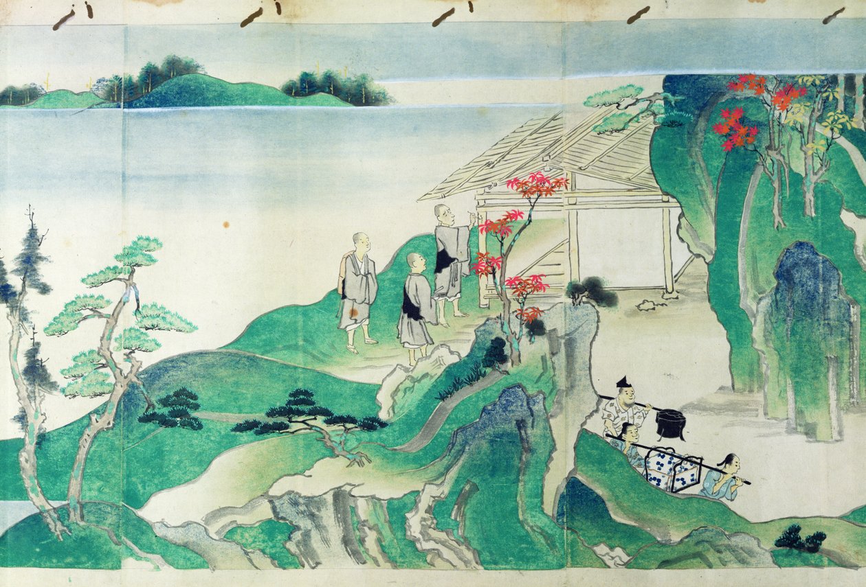 Palvelijoita, kuvitetusta historiasta munkki Ippenin (1239-89) elämästä (wc paperilla) tekijältä Japanese School
