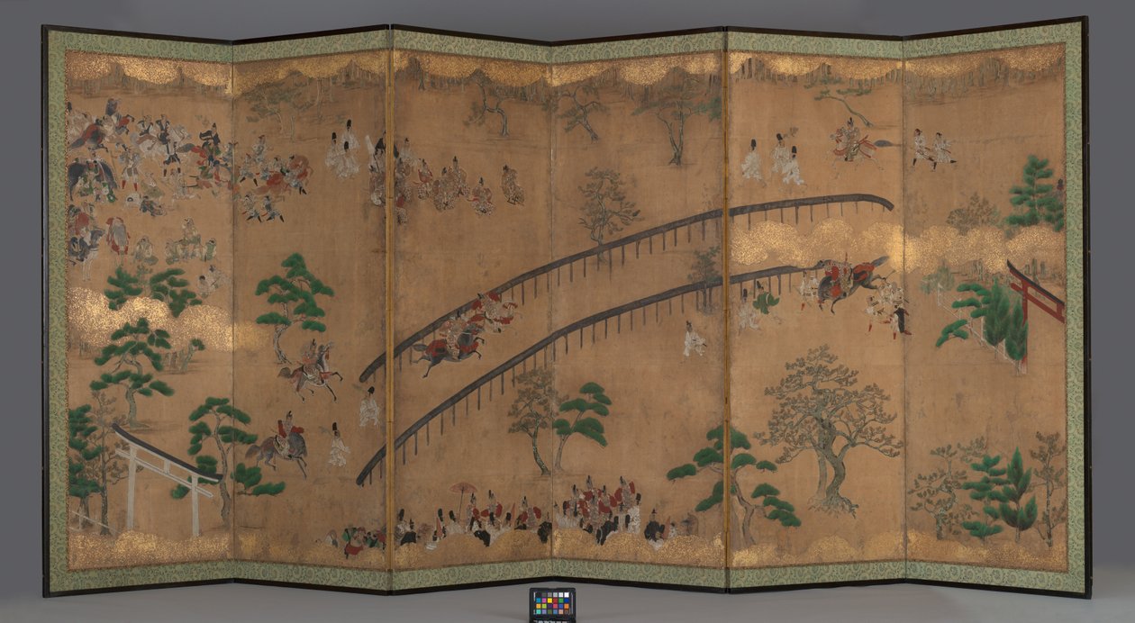 Kuuden paneelin näyttö: Horse Racing at Kamo Shrine, 1700-luvun alku (muste, kultapigmentti, väri ja kultalehti päällä paperi) tekijältä Japanese School